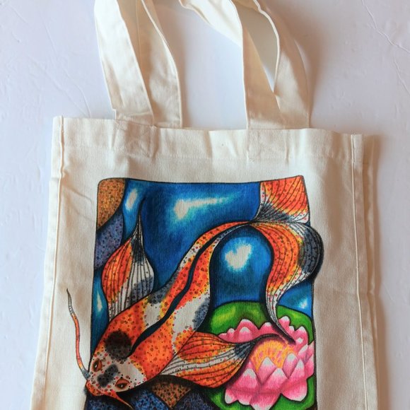 Hand-Painted Koi Fish Canvas Tote Bag: Lotus Pond Reusable Bag 14x13x7 inches - Picture 9 of 10